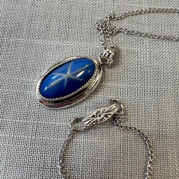 Vintage Faux Sapphire Star Pendant Sterling Silver Necklace - Picture 7 of 16